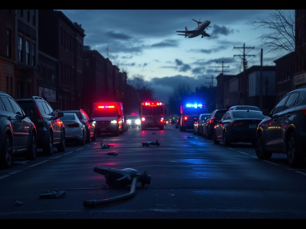 Flick International Somber street scene in Philadelphia depicting aftermath of medevac jet crash