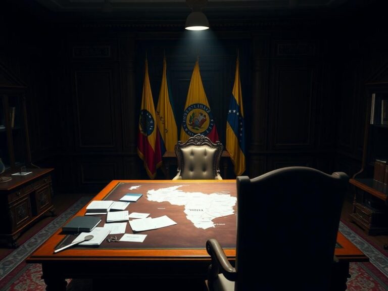 Flick International Dimly lit interior of the Venezuelan presidential palace with a wooden desk and Venezuelan flag