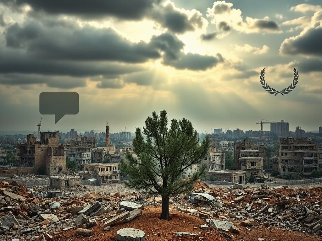 Flick International A resilient olive tree stands amidst the rubble of a war-torn Gaza cityscape under a gray sky