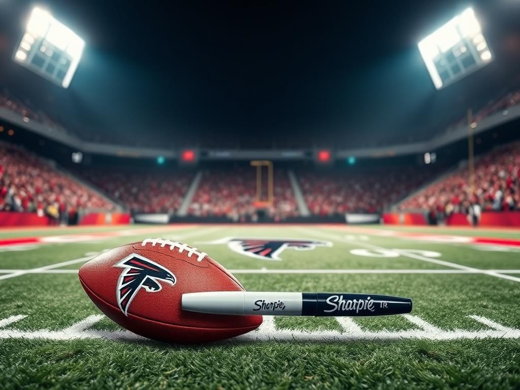 Flick International Empty football field marked with Atlanta Falcons logo under stadium lights