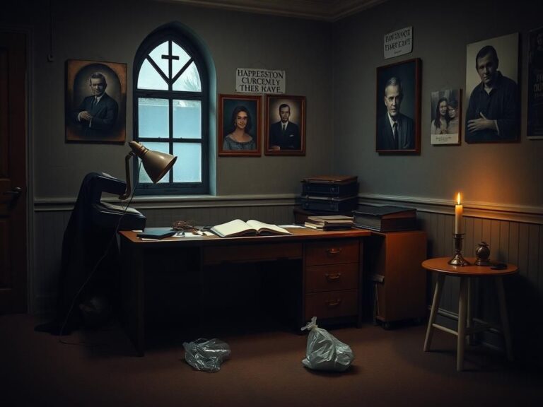 Flick International A dimly lit interior of a church office with an empty desk and flickering candle