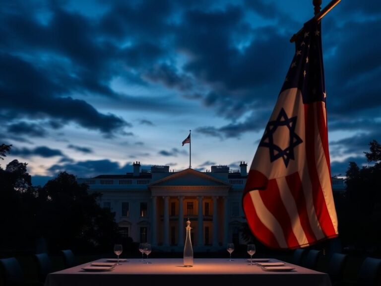 Flick International A twilight view of the White House with an American flag and Jerusalem's skyline