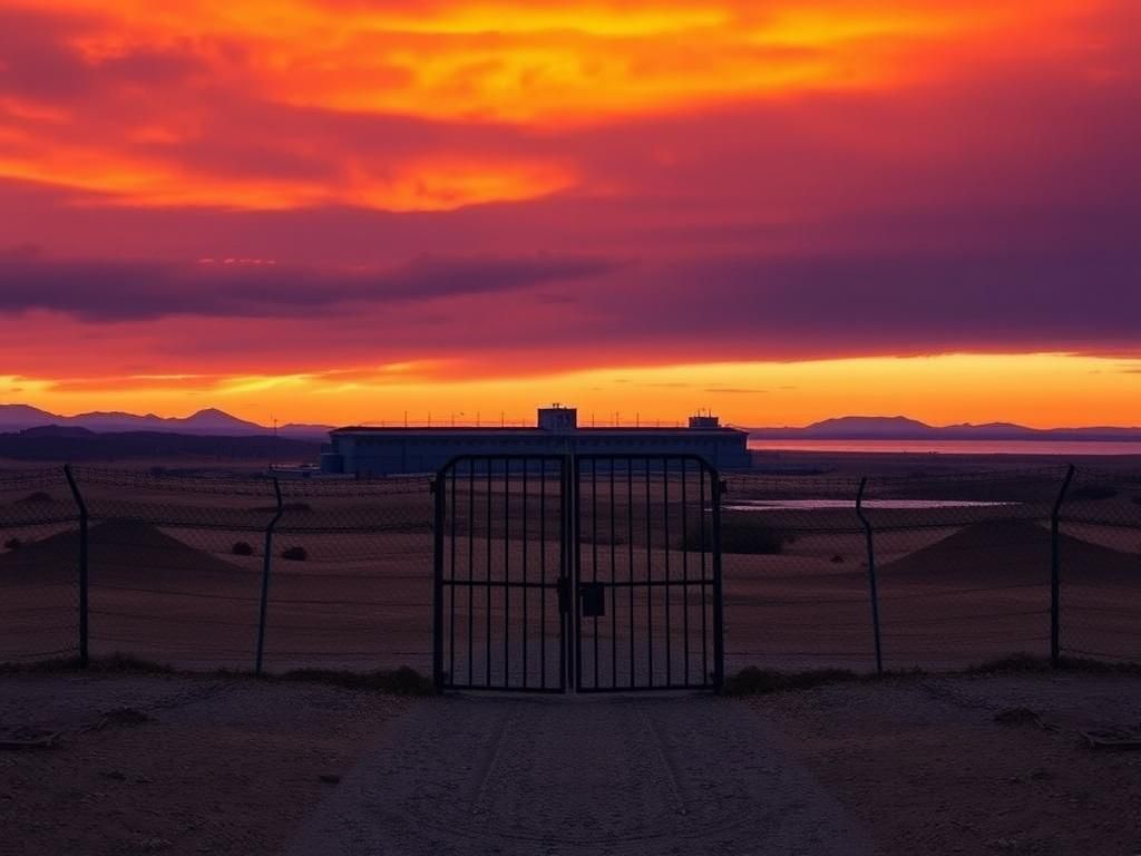 Flick International A vast landscape depicting El Salvador's prison system with a large prison structure and dramatic sunset.