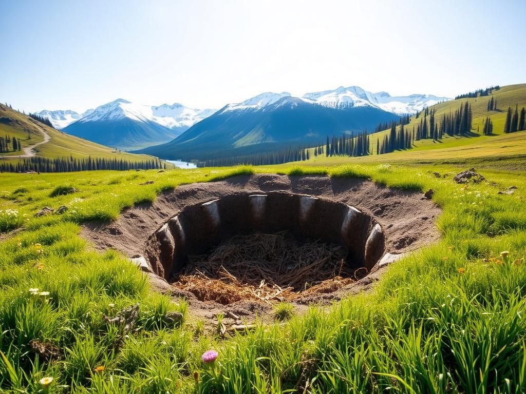 Flick International A partially excavated 1,000-year-old food storage pit in Alaska, surrounded by lush greenery and mountains.