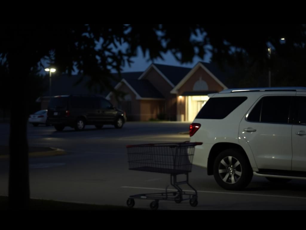 Flick International Dimly lit grocery store parking lot at twilight with abandoned shopping cart and suspicious vehicle