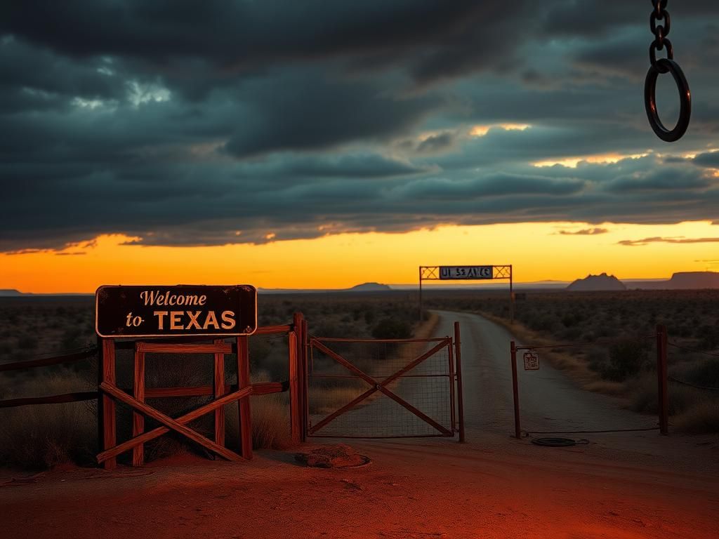 Flick International Texas landscape at dusk with a border checkpoint sign