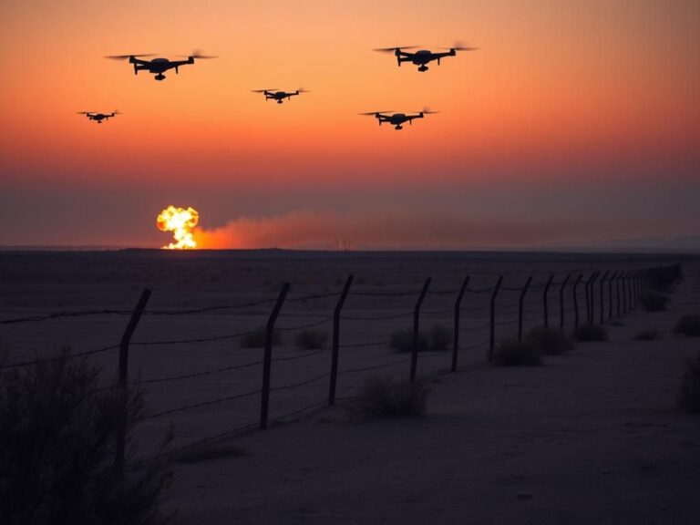 Flick International Desert landscape with a barbed-wire border fence and stealth drones in the sky