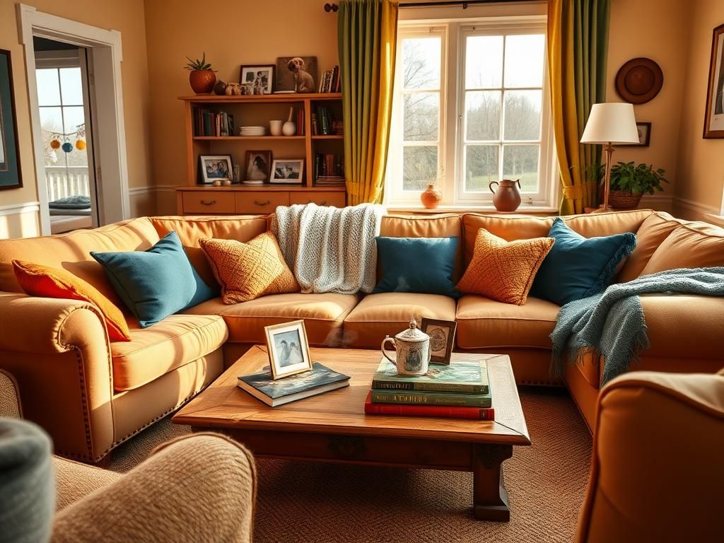 Flick International Cozy living room scene with warm colors and family elements