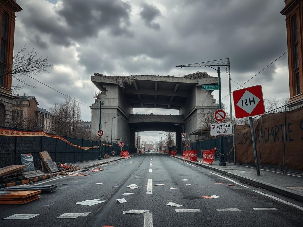 Flick International Empty urban street in Belgrade with abandoned construction materials and caution tape