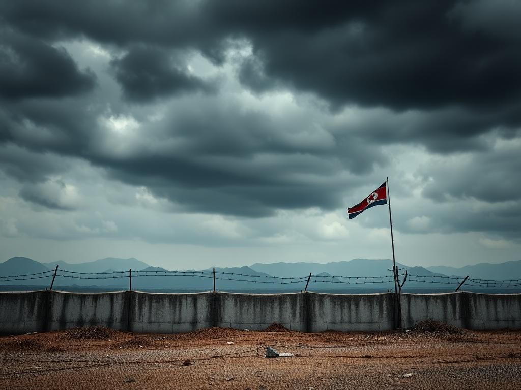 Flick International Rugged terrain in North Korea under dark clouds, symbolizing isolation and resilience.