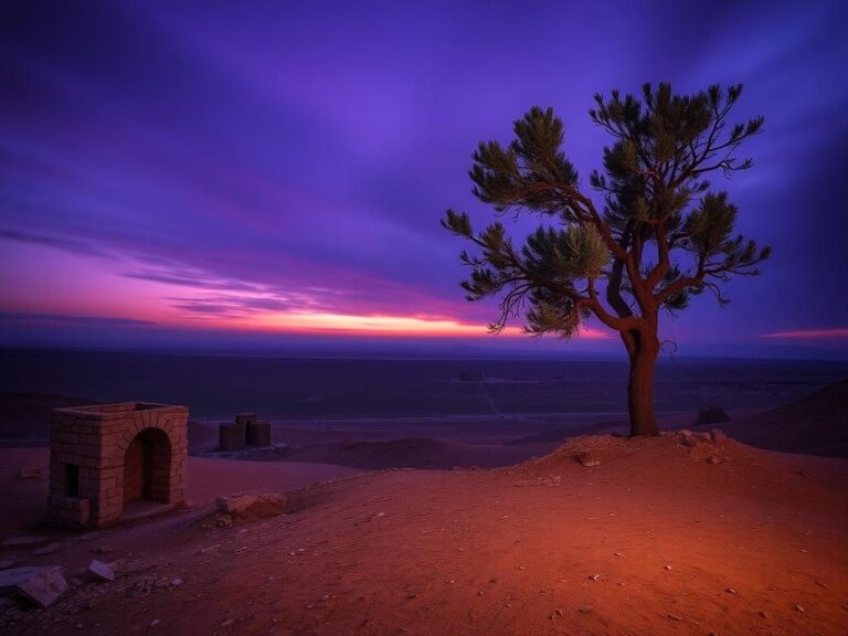 Flick International Dramatic landscape of the Middle East with crumbling structures and a resilient olive tree