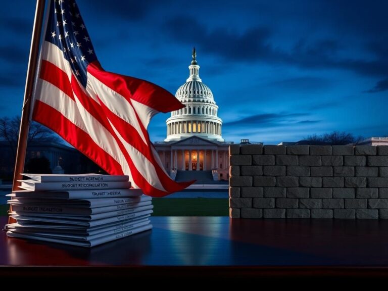 Flick International U.S. Capitol building illuminated at twilight with an American flag and budget documents