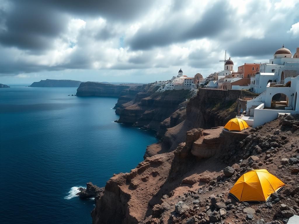 Flick International Coastal landscape of Santorini with whitewashed buildings and ominous clouds