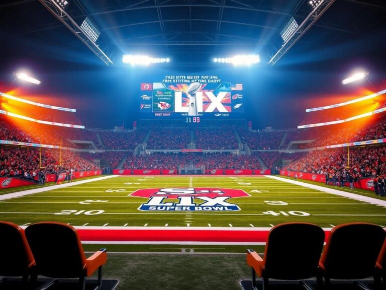 Flick International A dynamic football field illuminated under stadium lights for Super Bowl LIX