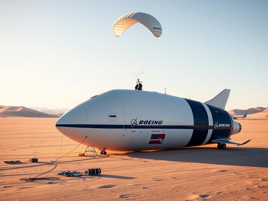 Flick International Boeing's Starliner spacecraft resting on the desert floor of New Mexico's White Sands Missile Range with deployed parachutes