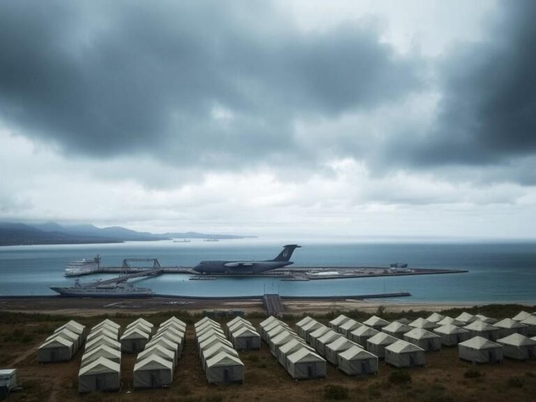 Flick International Aerial view of Guantanamo Bay military facility under gray skies