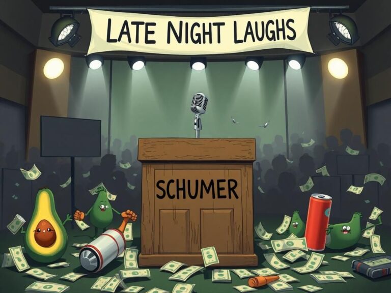 Flick International Chuck Schumer's podium surrounded by humorous late-night comedy symbols