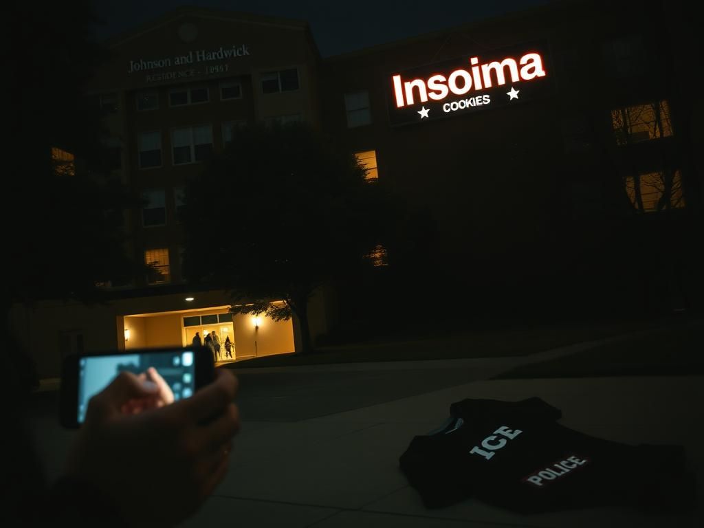 Flick International Nighttime scene at a university campus showing a shadowy figure near a building with law enforcement visual cues.