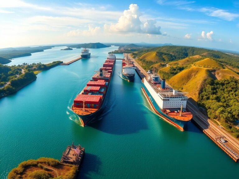 Flick International Panoramic view of the Panama Canal with U.S. government vessels and large cargo ships navigating its locks