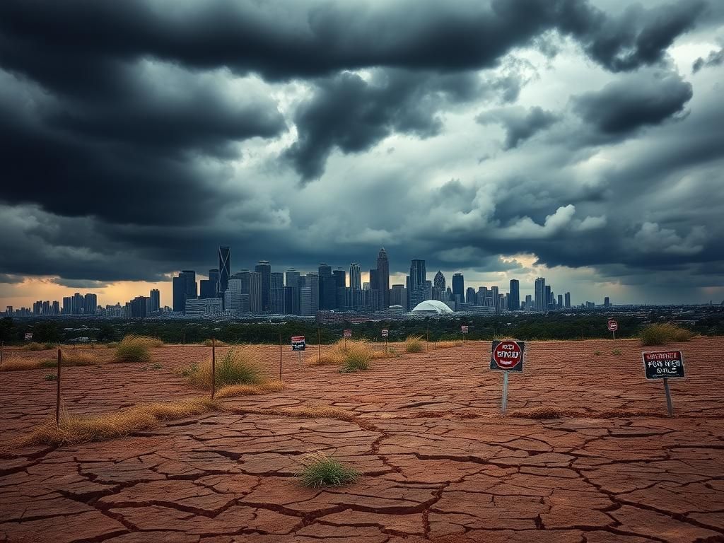 Flick International Dramatic landscape of Johannesburg with modern skyscrapers and cracked earth foreground