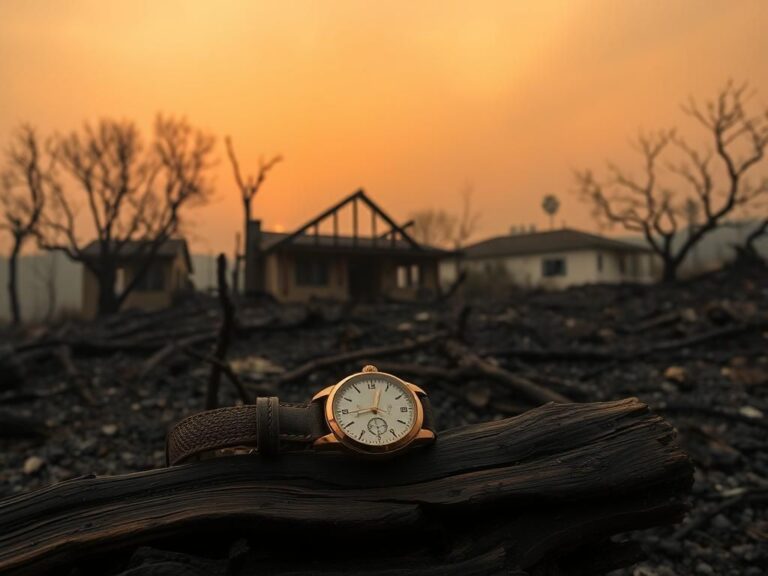 Flick International Vintage watch resting on charred wood amidst a burnt landscape in the Pacific Palisades