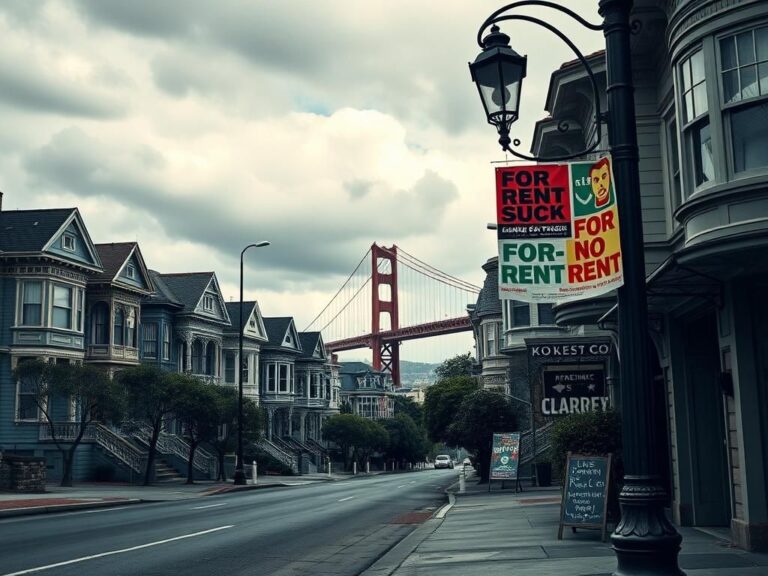 Flick International Empty San Francisco street lined with Victorian houses under cloudy sky, symbolizing unease and political tension