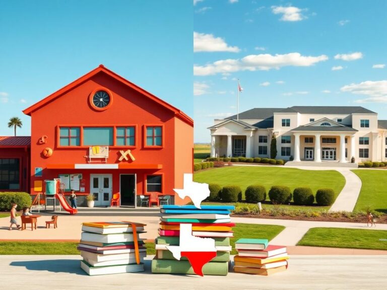 Flick International Split scene of a public school and private school contrasting educational environments in Texas