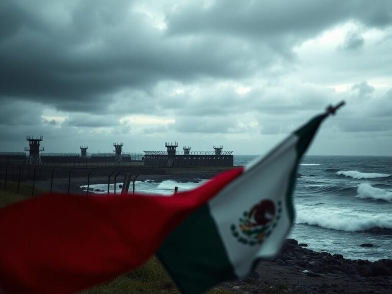 Flick International Somber view of Guantanamo Bay detention camp with Mexican flag in the foreground