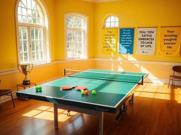 Flick International A vibrant ping-pong table in a sunny community center room with paddles, colorful balls, and an award trophy.