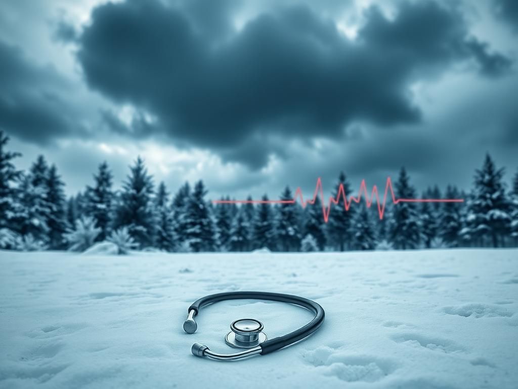 Flick International Dark winter landscape with ominous clouds, stethoscope on snow, representing heart health risks from viruses