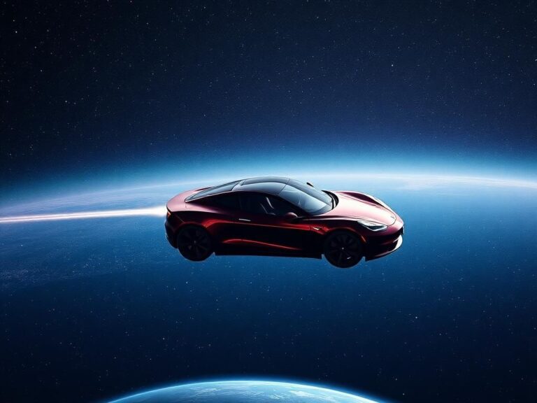 Flick International A Tesla Roadster floating in space against a starry backdrop