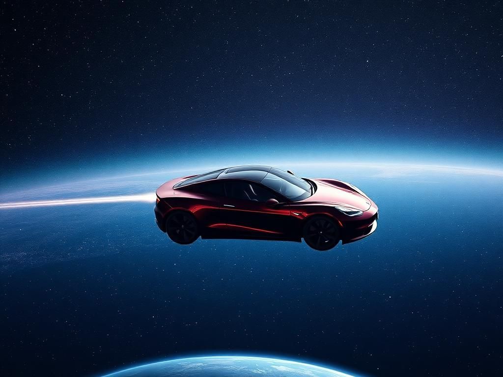 Flick International A Tesla Roadster floating in space against a starry backdrop