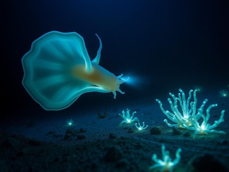 Flick International Glowing sea slug Bathydevius caudactylus in deep sea habitat