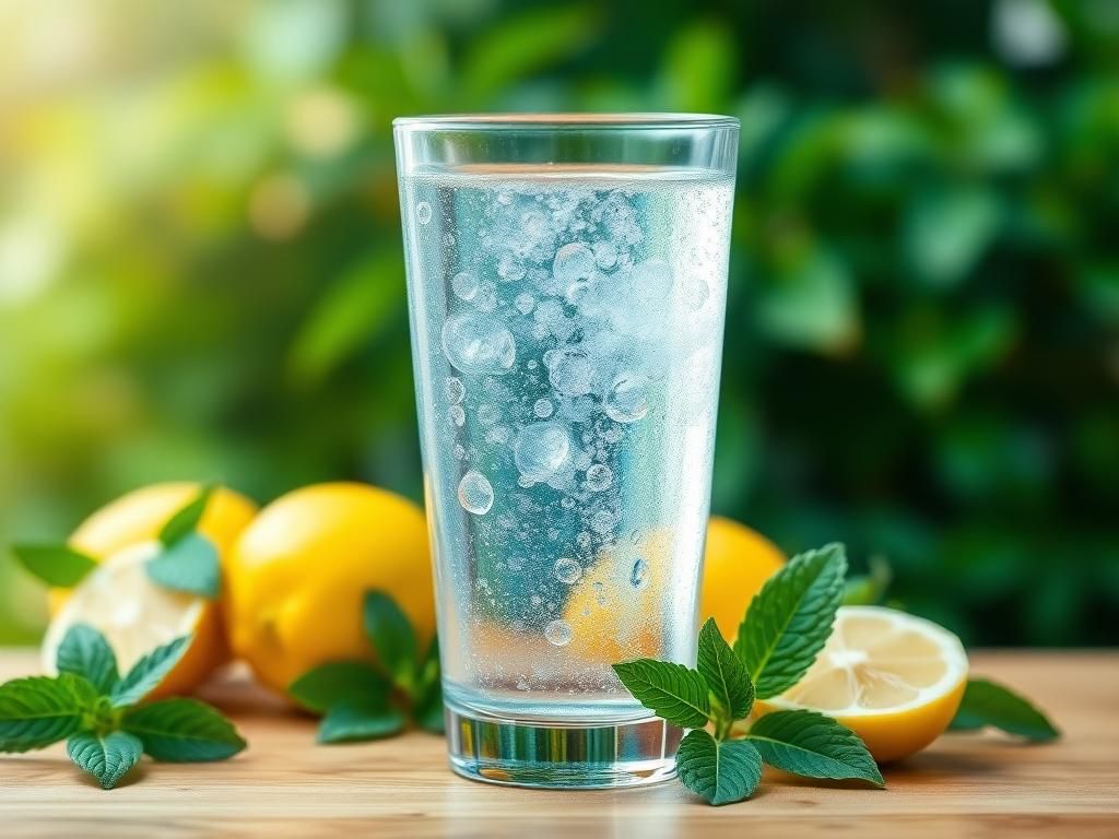 Flick International Glass of sparkling water with bubbles and fresh lemons on a wooden table