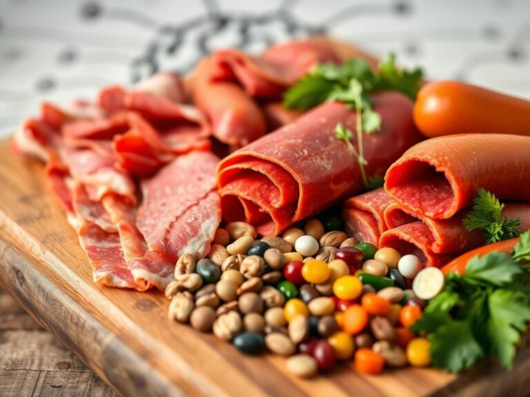 Flick International Close-up of a wooden cutting board featuring processed red meats alongside fresh alternatives