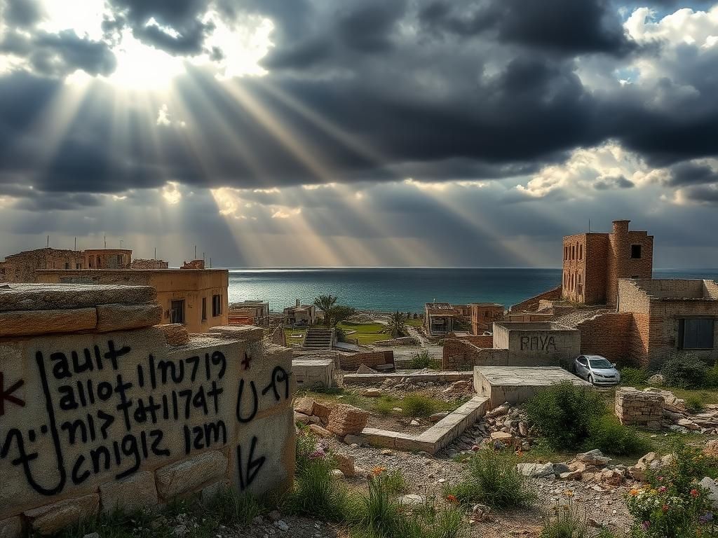 Flick International A weathered stone wall covered in graffiti with a backdrop of crumbling buildings in Gaza's urban landscape