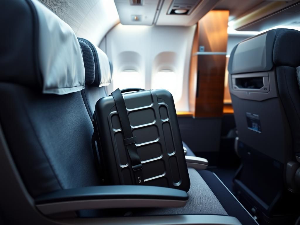 Flick International A black hard shell suitcase buckled into a first-class airline seat