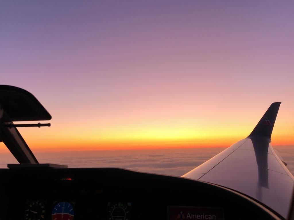 Flick International A cockpit view of an airplane wing against a sunset sky