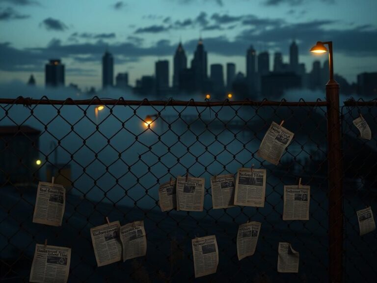 Flick International Dark urban landscape of Philadelphia at dusk with a rusted chain-link fence representing confinement