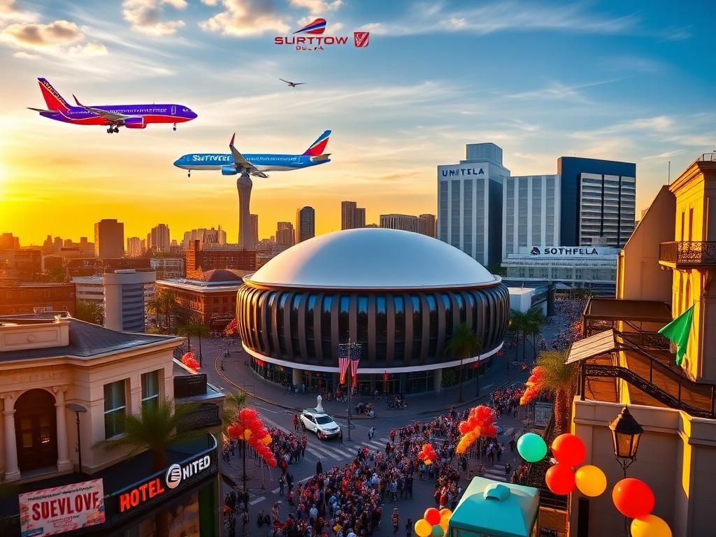 Flick International Aerial view of New Orleans with Superdome and festive decorations for Super Bowl LIX