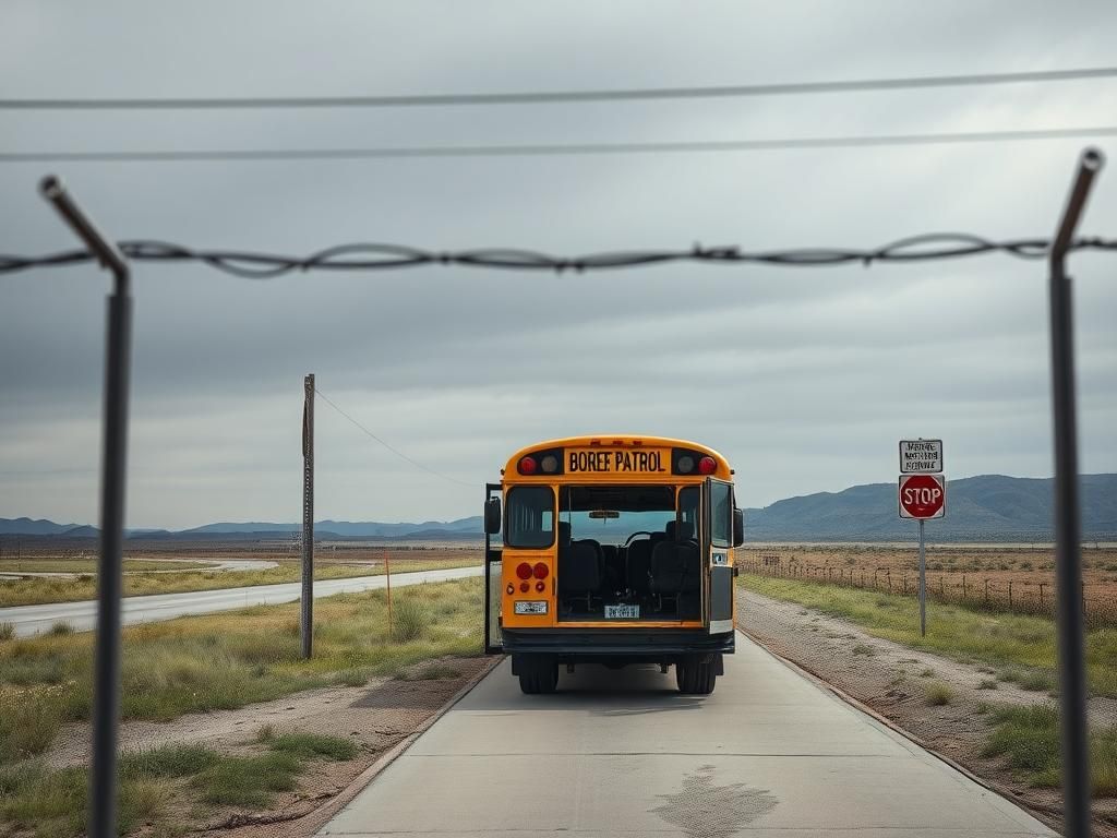 Flick International A school bus parked at a Border Patrol checkpoint with open doors and empty seats