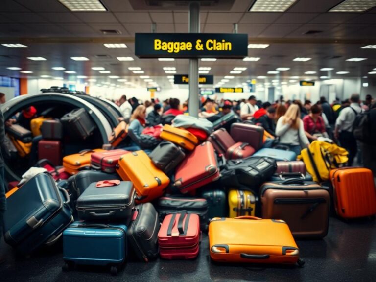 Flick International A bustling airport baggage claim area with colorful suitcases and travelers