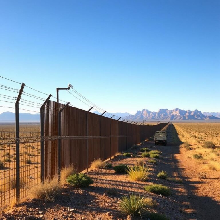 Flick International Tall border wall along the southern Texas landscape with barbed wire and surveillance cameras