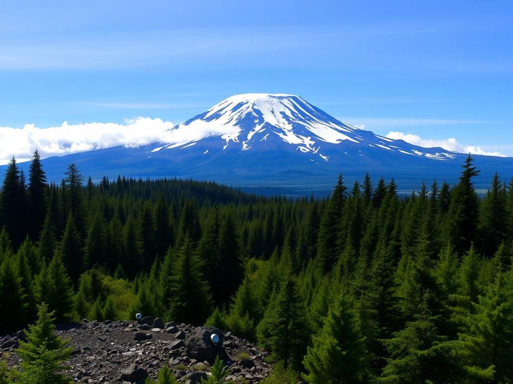 Flick International Scenic view of Mount Adams with seismic monitoring instruments