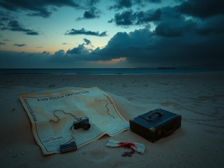 Flick International Desolate landscape of Kish Island, Iran, with a weathered map and scattered personal items indicating a mysterious abduction.