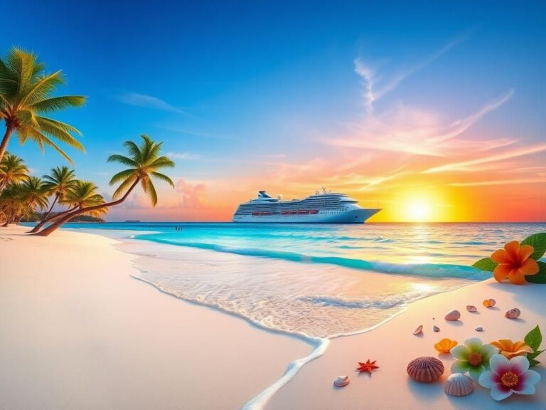 Flick International Large cruise ship anchored in Caribbean waters with a vibrant sunset