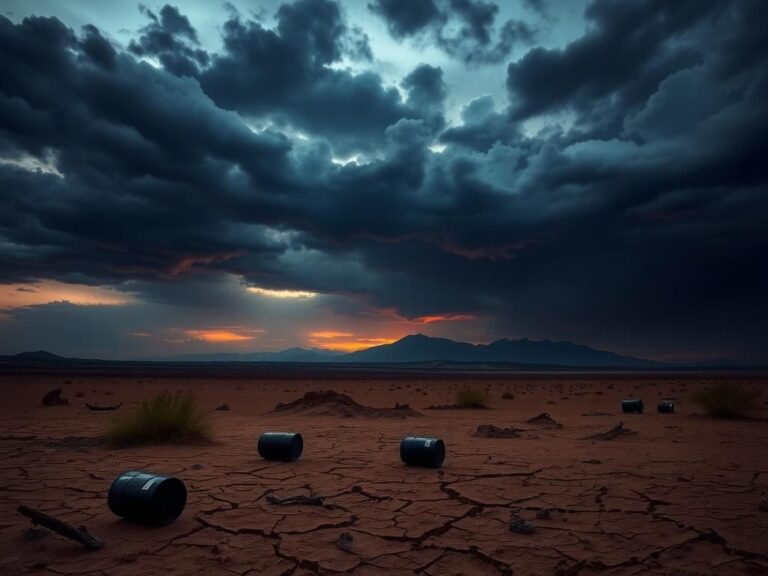 Flick International Dramatic landscape of a desert under a twilight sky symbolizing geopolitical tension in the Middle East