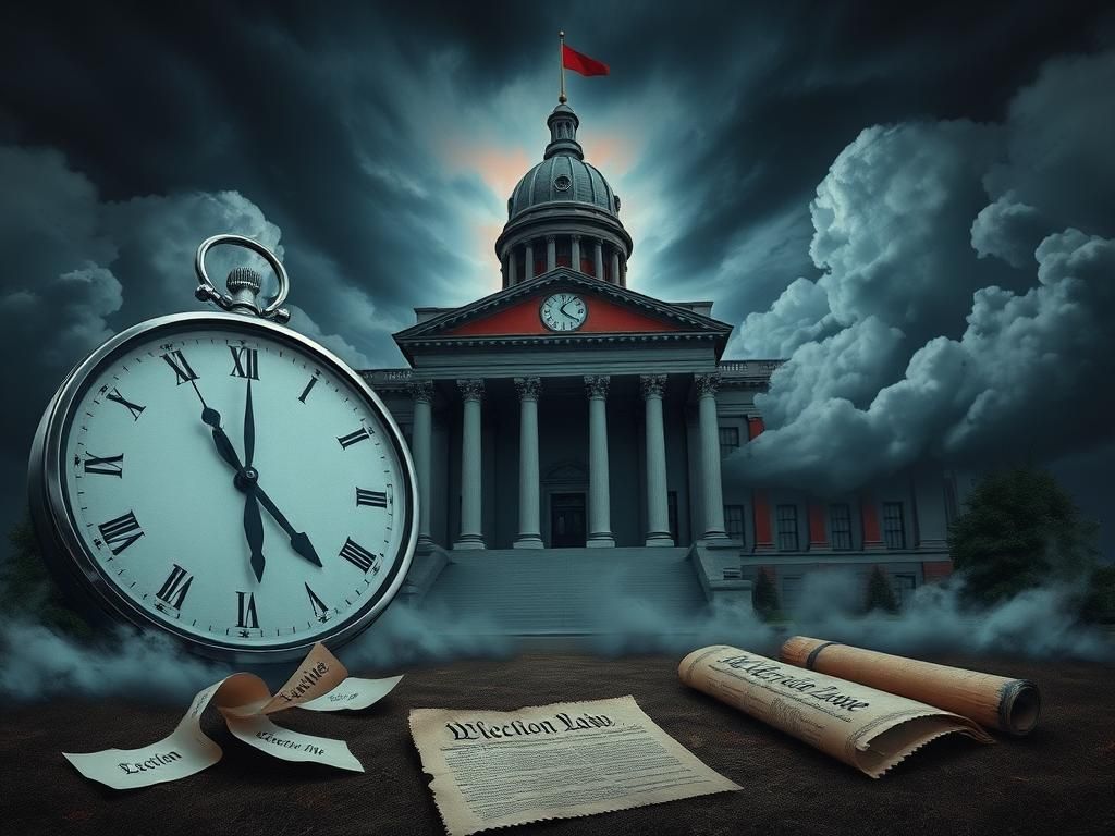 Flick International Dark depiction of a statehouse building surrounded by storm clouds, symbolizing political tension