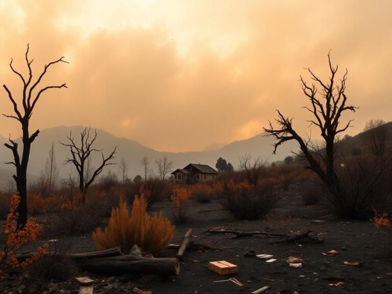 Flick International Charred landscape depicting the aftermath of Southern California wildfires with burnt trees and shrubs