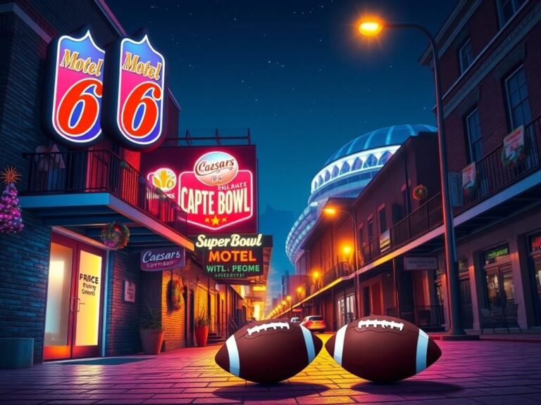 Flick International Neon-lit Motel 6 sign in New Orleans with $505 price tag during Super Bowl weekend